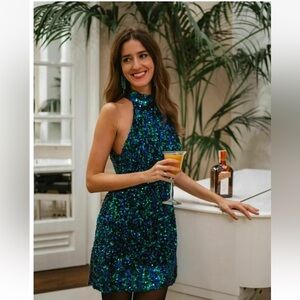 ZARA Blue & Green Sequin Mini Dress Size S | Party Cocktail Dress NWT